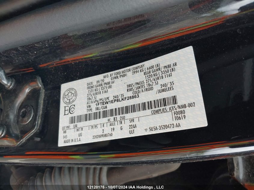 2020 Ford F150 Supercrew VIN: 1FTEW1EP8LKF28863 Lot: 12120175