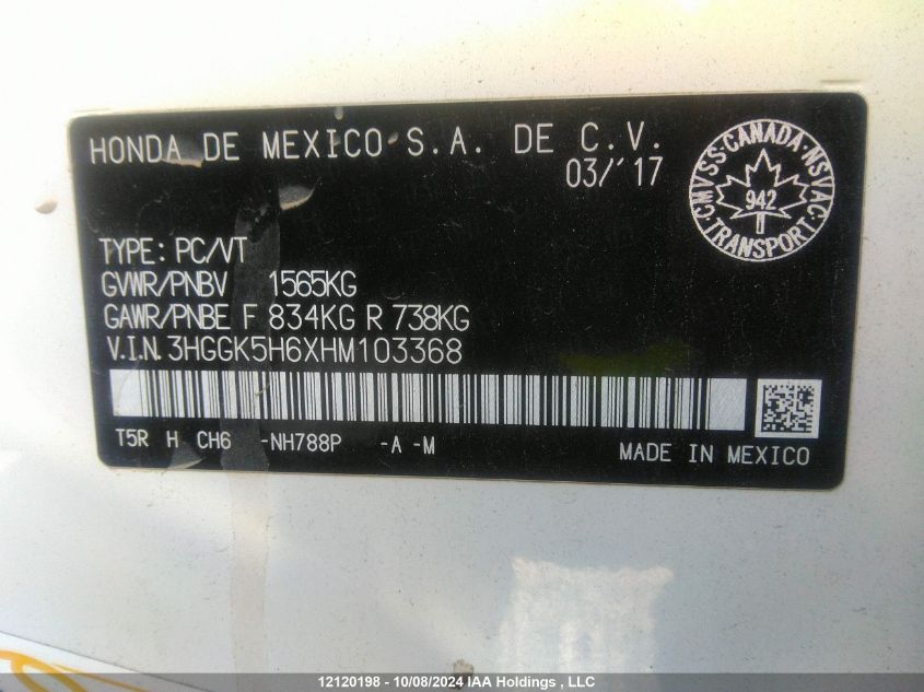 2017 Honda Fit VIN: 3HGGK5H6XHM103368 Lot: 12120198