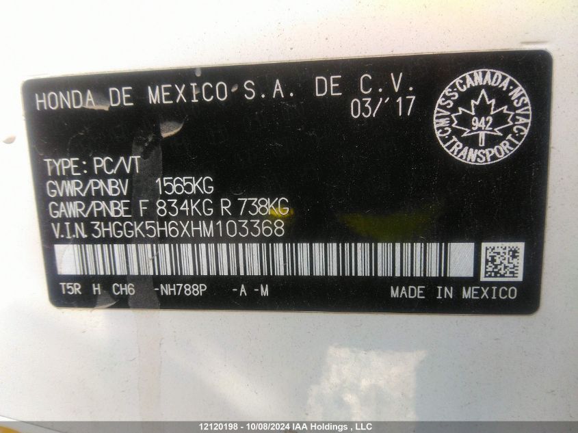 2017 Honda Fit VIN: 3HGGK5H6XHM103368 Lot: 12120198