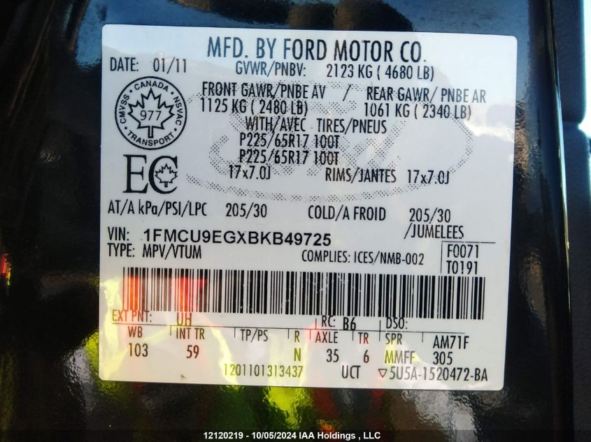 2011 Ford Escape Limited VIN: 1FMCU9EGXBKB49725 Lot: 12120219