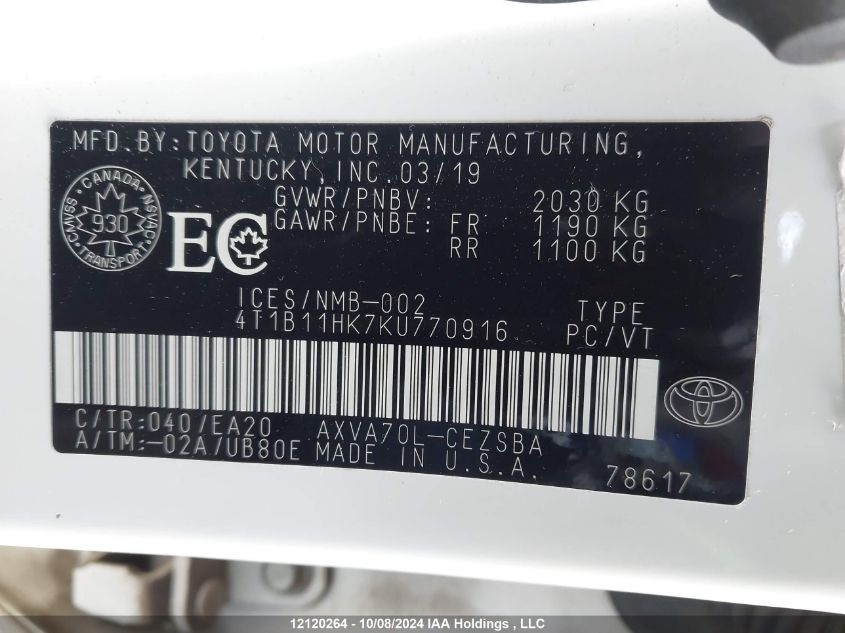 2019 Toyota Camry L/Le/Xle/Se/Xse VIN: 4T1B11HK7KU770916 Lot: 12120264