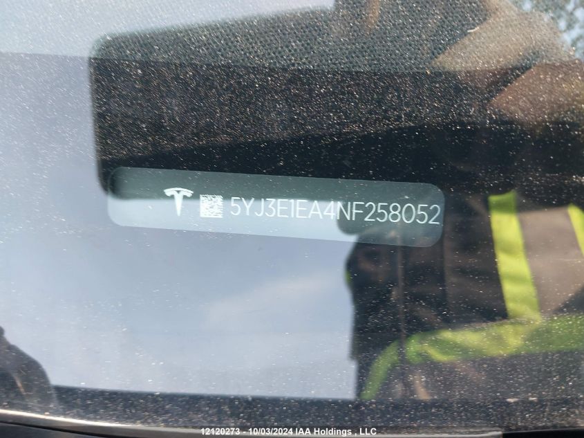 2022 Tesla Model 3 VIN: 5YJ3E1EA4NF258052 Lot: 12120273