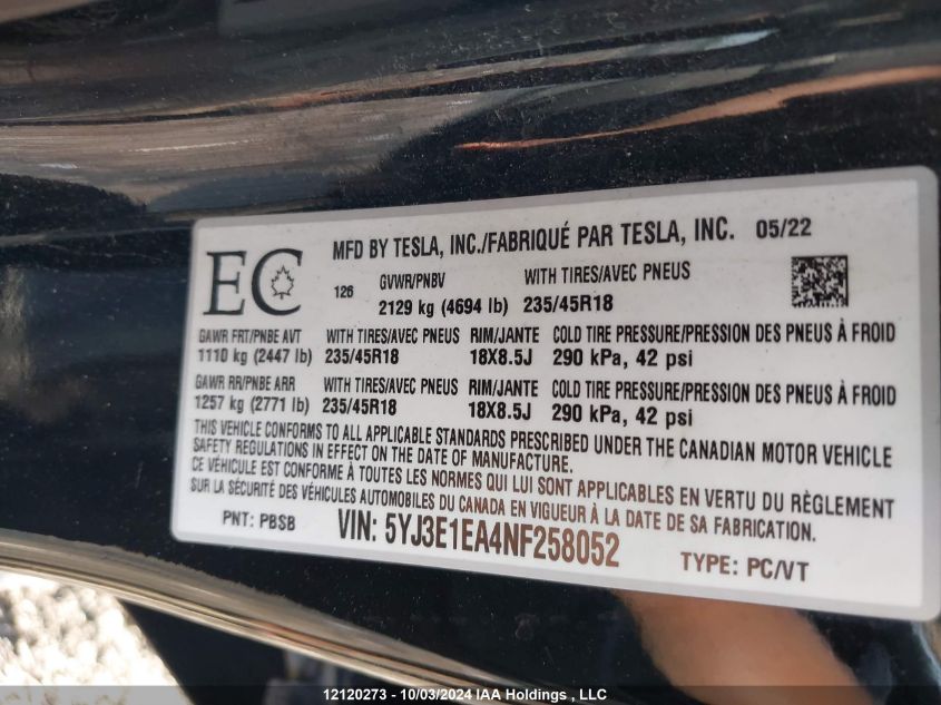 2022 Tesla Model 3 VIN: 5YJ3E1EA4NF258052 Lot: 12120273