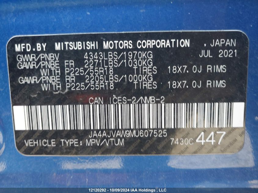 2021 Mitsubishi Rvr Se/Sel/Le/Gt VIN: JA4AJVAW9MU607525 Lot: 12120292