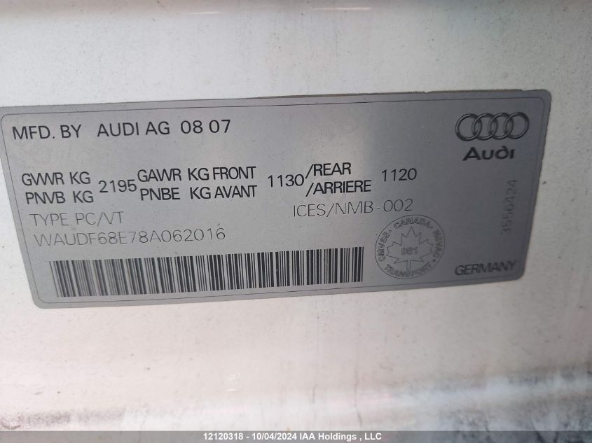 2008 Audi A4 2.0T Quattro VIN: WAUDF68E78A062016 Lot: 12120318