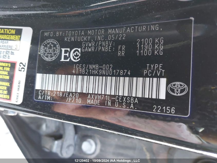 2022 Toyota Camry Hybrid Se VIN: 4T1B21HK9NU017874 Lot: 12120402