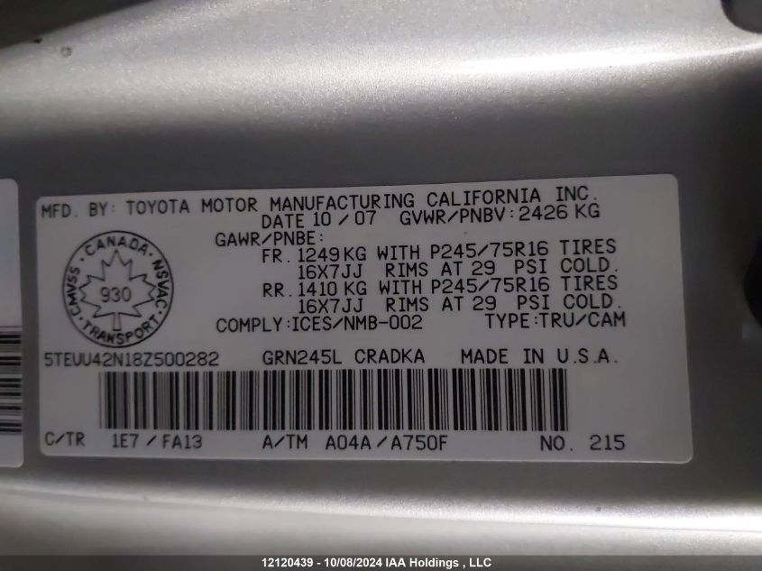 2008 Toyota Tacoma Access Cab VIN: 5TEUU42N18Z500282 Lot: 12120439