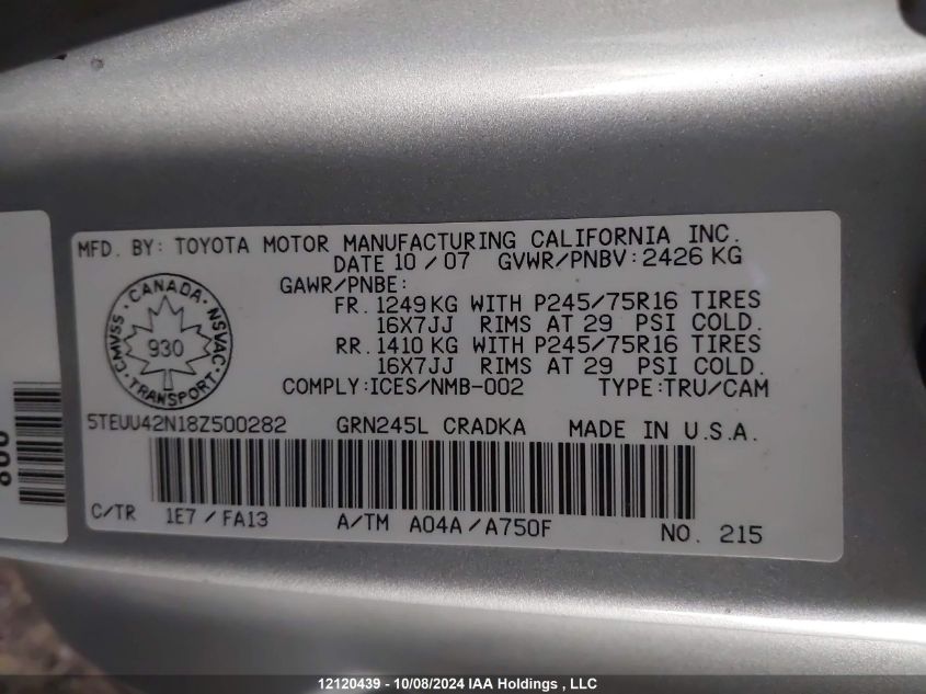 2008 Toyota Tacoma Access Cab VIN: 5TEUU42N18Z500282 Lot: 12120439