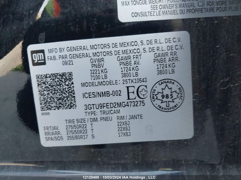 2021 GMC Sierra K1500 Denali VIN: 3GTU9FED2MG473275 Lot: 12120480