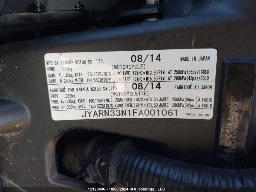 2015 Yamaha Fz09 VIN: JYARN33N1FA001061 Lot: 12120496