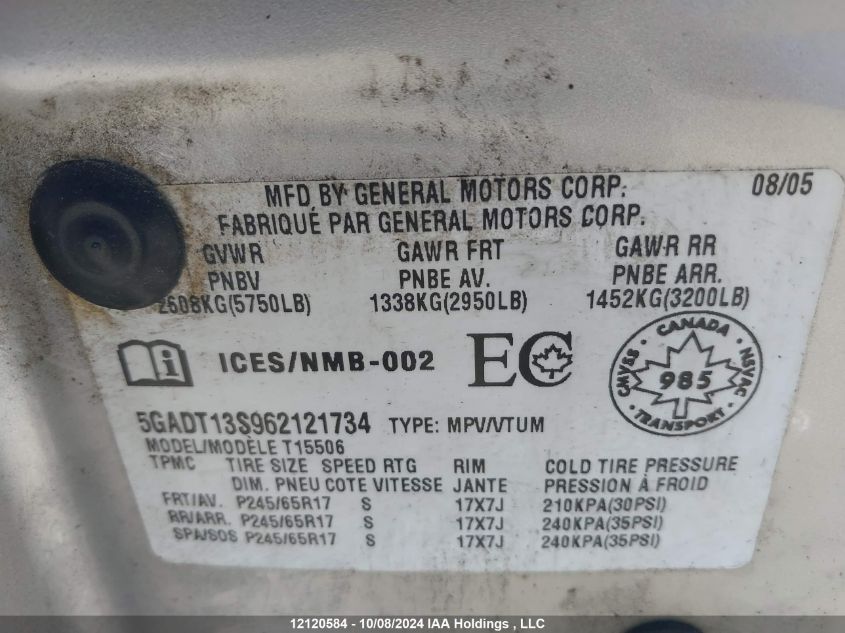 2006 Buick Rainier VIN: 5GADT13S962121734 Lot: 12120584