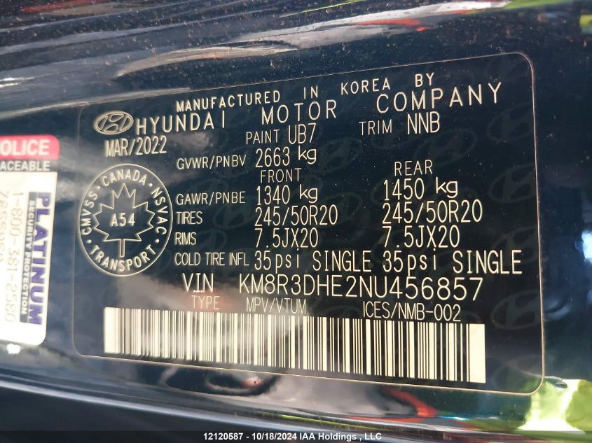 2022 Hyundai Palisade Preferred VIN: KM8R3DHE2NU456857 Lot: 12120587