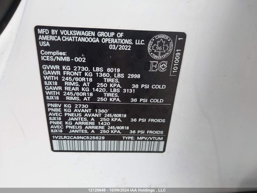2022 Volkswagen Atlas VIN: 1V2LR2CA9NC525629 Lot: 12120649