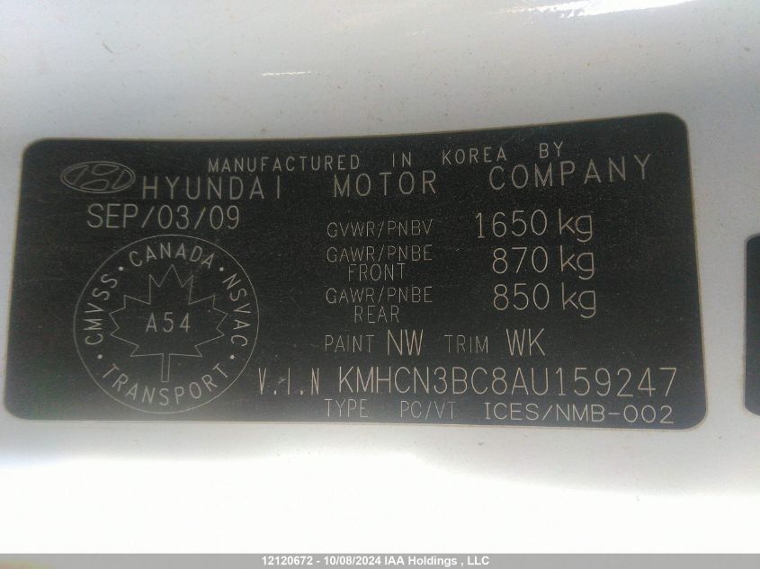 2010 Hyundai Accent L VIN: KMHCN3BC8AU159247 Lot: 12120672