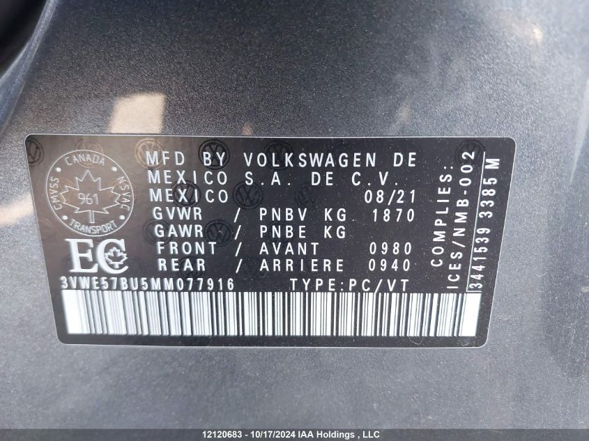 2021 Volkswagen Jetta VIN: 3VWE57BU5MM077916 Lot: 12120683