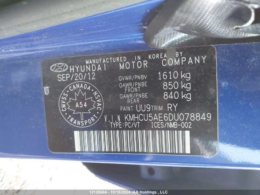 2013 Hyundai Accent VIN: KMHCU5AE6DU078849 Lot: 12120684