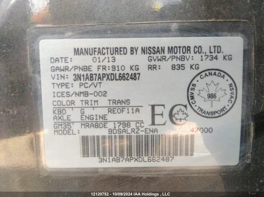 2013 Nissan Sentra VIN: 3N1AB7APXDL662487 Lot: 12120752