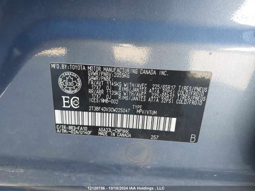 2T3BF4DV3CW225047 2012 Toyota Rav4