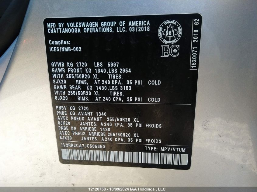 2018 Volkswagen Atlas VIN: 1V2RR2CA7JC565650 Lot: 12120758