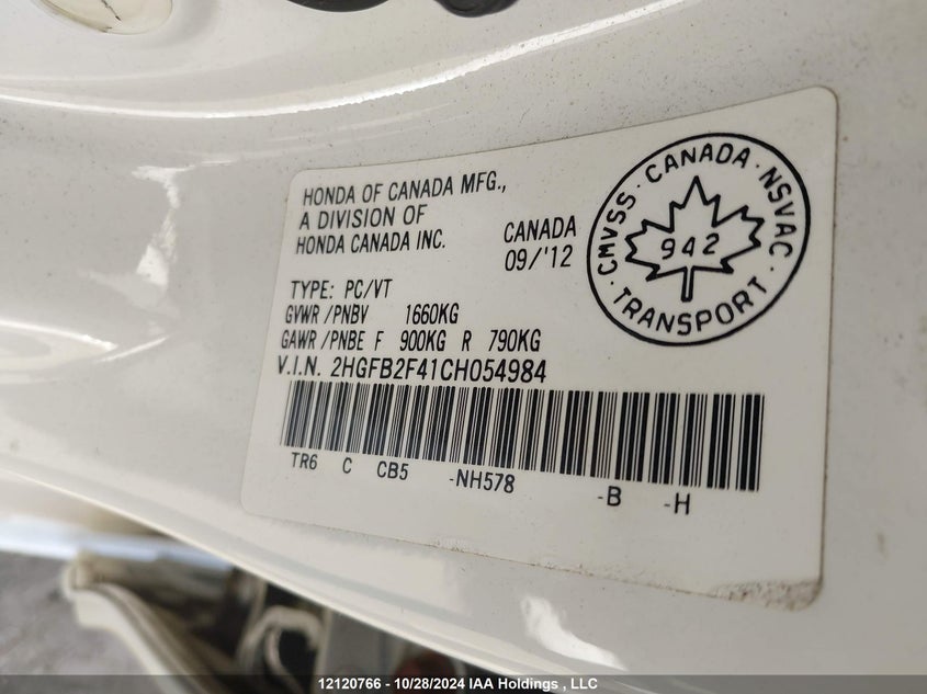 2012 Honda Civic Sdn VIN: 2HGFB2F41CH054984 Lot: 12120766