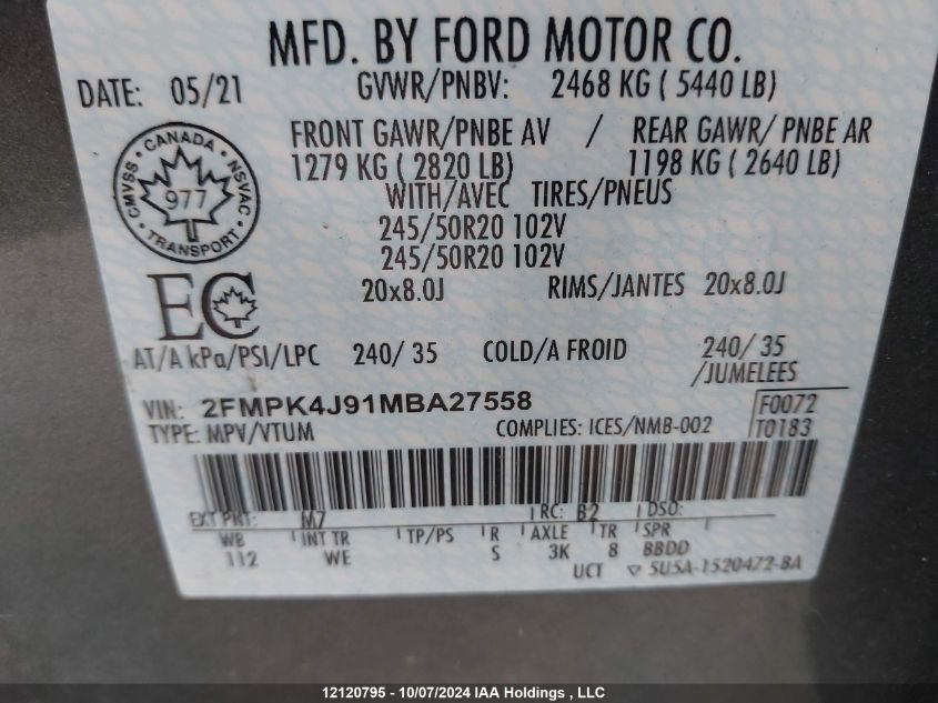 2021 Ford Edge VIN: 2FMPK4J91MBA27558 Lot: 12120795