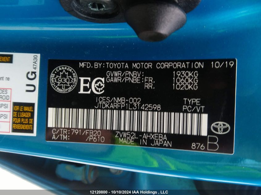 2020 Toyota Prius VIN: JTDKARFP1L3142598 Lot: 12120800