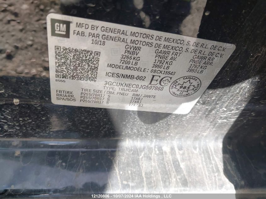 2018 Chevrolet Silverado 1500 VIN: 3GCUKNEC0JG597868 Lot: 12120806