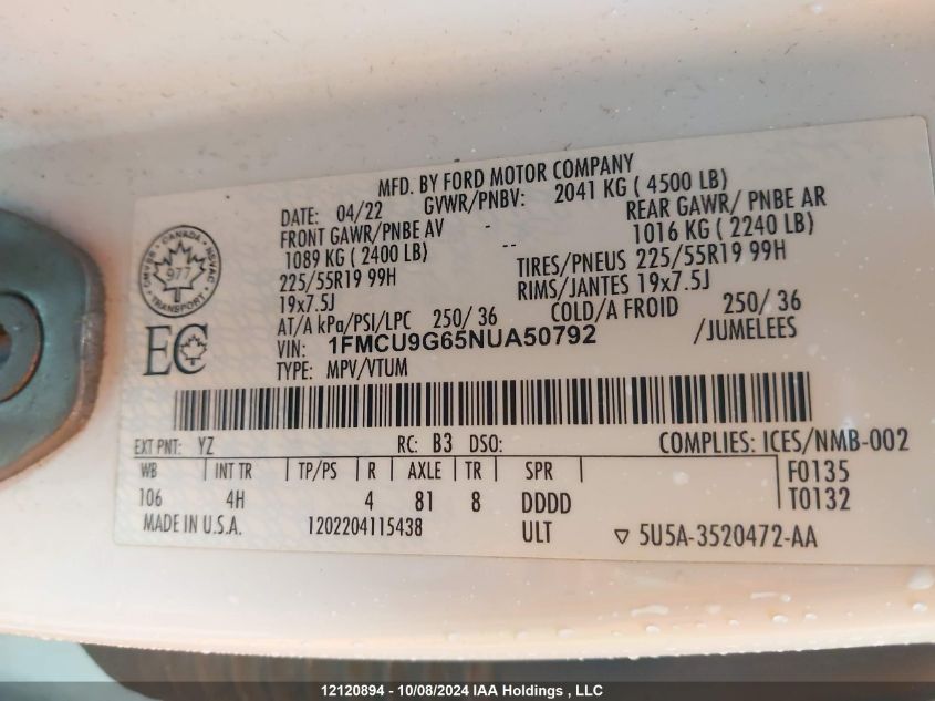 1FMCU9G65NUA50792 2022 Ford Escape Se