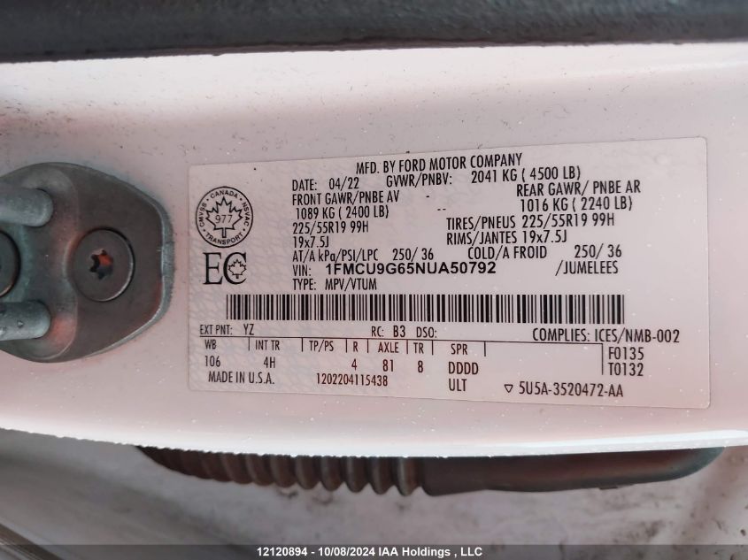 1FMCU9G65NUA50792 2022 Ford Escape Se