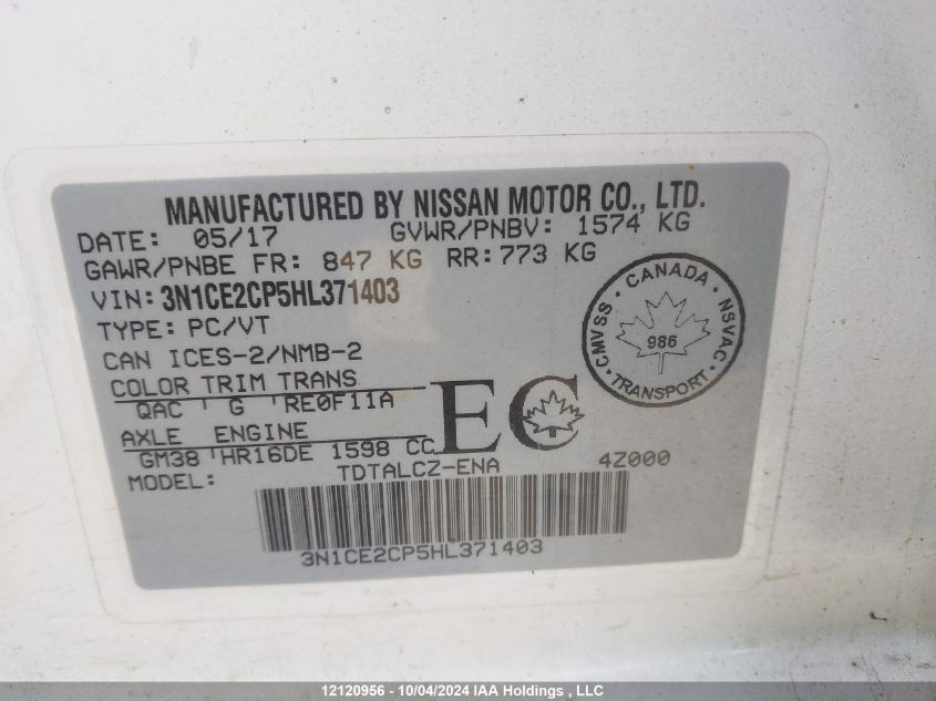 2017 Nissan Versa Note VIN: 3N1CE2CP5HL371403 Lot: 12120956