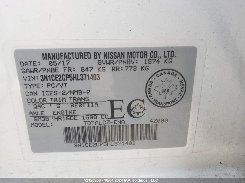 2017 Nissan Versa Note VIN: 3N1CE2CP5HL371403 Lot: 12120956