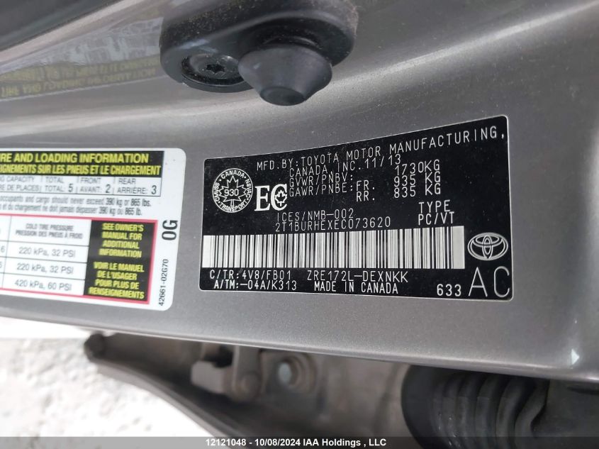 2014 Toyota Corolla L/Le/Le Pls/Prm/S/S Pls VIN: 2T1BURHEXEC073620 Lot: 12121048