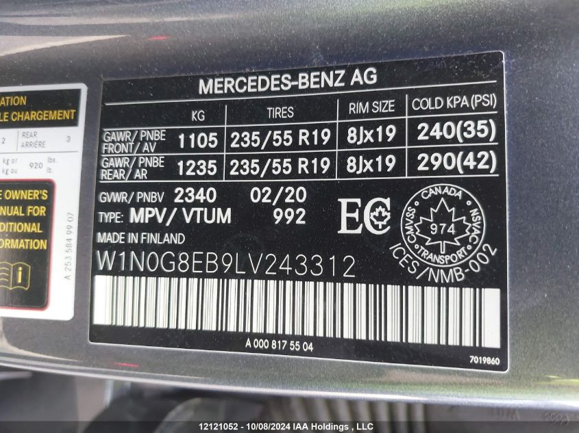 2020 Mercedes-Benz 300 VIN: W1N0G8EB9LV243312 Lot: 12121052