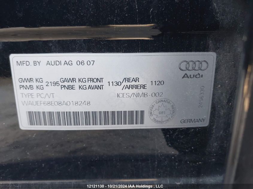 2008 Audi A4 VIN: WAUEF68E08A018248 Lot: 12121130