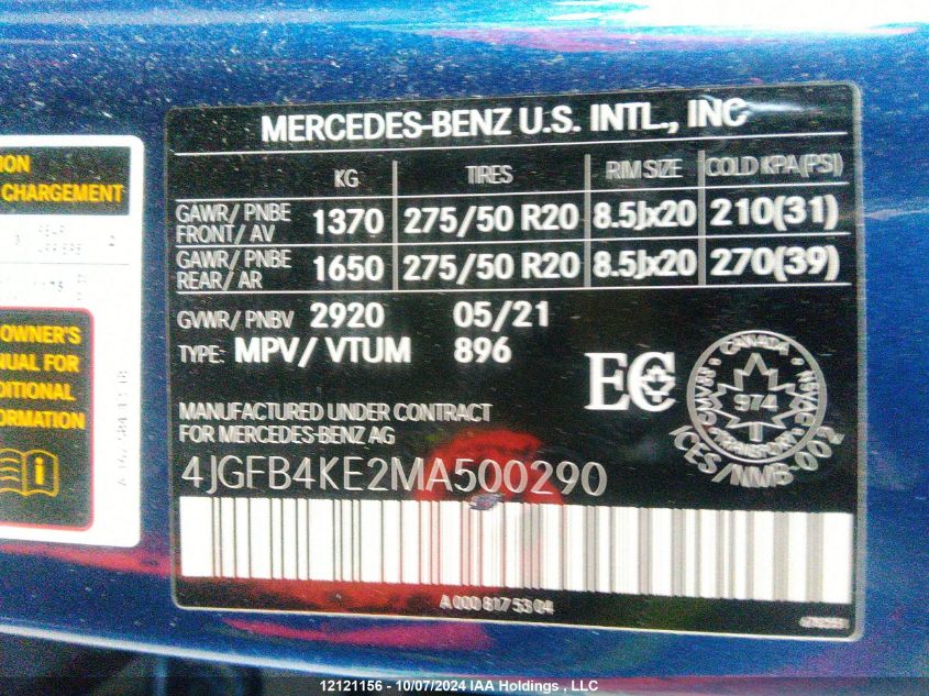 2021 Mercedes-Benz Gle 350 VIN: 4JGFB4KE2MA500290 Lot: 12121156