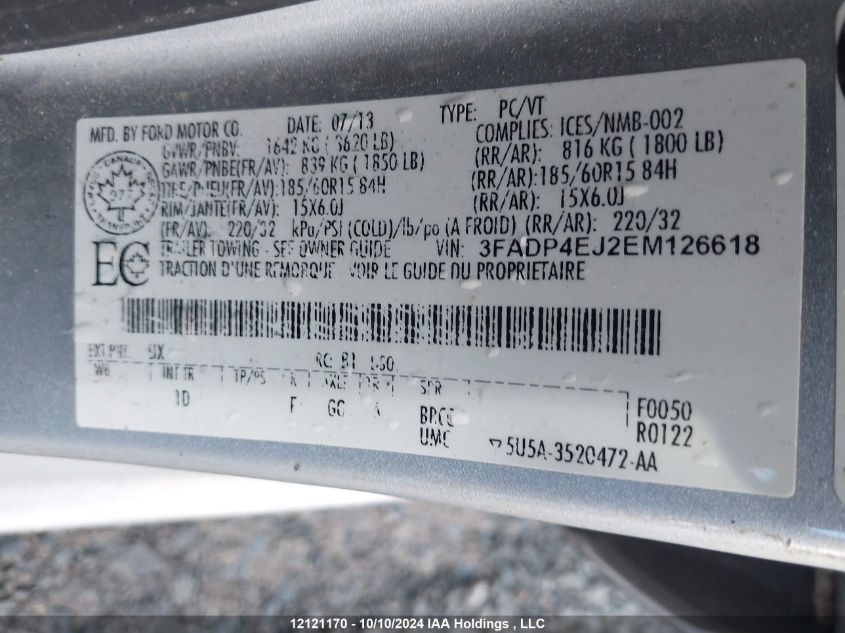 2014 Ford Fiesta Se VIN: 3FADP4EJ2EM126618 Lot: 12121170