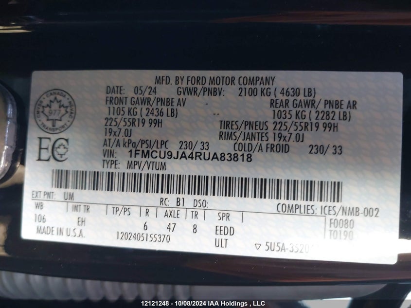 2024 Ford Escape Platinum VIN: 1FMCU9JA4RUA83818 Lot: 12121248