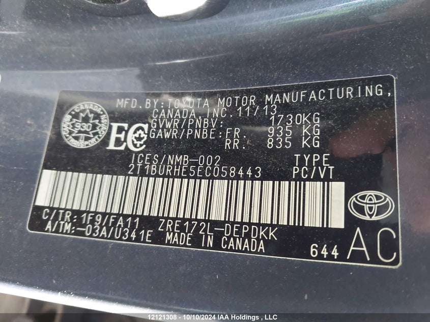 2014 Toyota Corolla VIN: 2T1BURHE5EC058443 Lot: 12121308