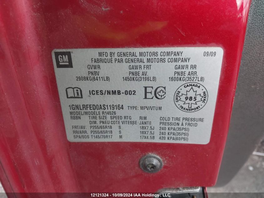 2010 Chevrolet Traverse VIN: 1GNLRFED0AS119164 Lot: 12121324