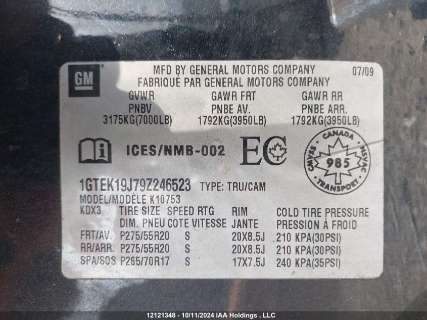 2009 GMC Sierra 1500 VIN: 1GTEK19J79Z246523 Lot: 12121348