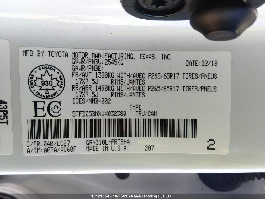 2018 Toyota Tacoma Dbl Cab/Sr5/Trd Sport/Or VIN: 5TFDZ5BNXJX032380 Lot: 12121354