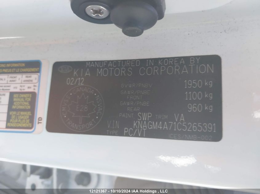 2012 Kia Optima VIN: KNAGM4A71C5265391 Lot: 12121367