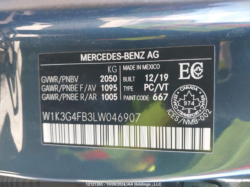 2020 Mercedes-Benz A 220 VIN: W1K3G4FB3LW046907 Lot: 12121383