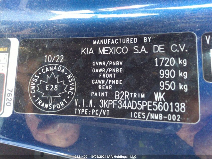 2023 Kia Forte Ex/Ex+/Ex Premium VIN: 3KPF34AD5PE560138 Lot: 12121400