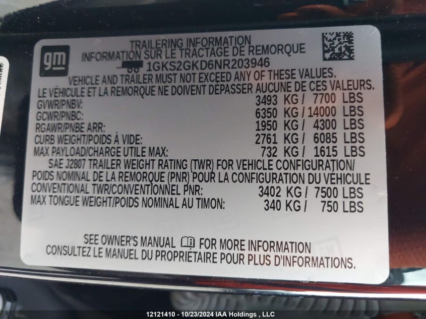 2022 GMC Yukon Xl VIN: 1GKS2GKD6NR203946 Lot: 12121410