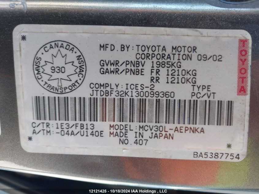 2003 Toyota Camry Le/Xle VIN: JTDBF32K130099360 Lot: 12121425