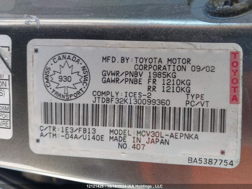 2003 Toyota Camry Le/Xle VIN: JTDBF32K130099360 Lot: 12121425