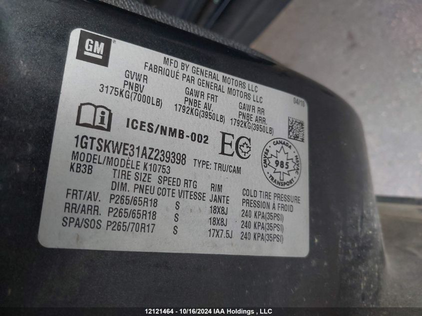 2010 GMC Sierra 1500 VIN: 1GTSKWE31AZ239398 Lot: 12121464