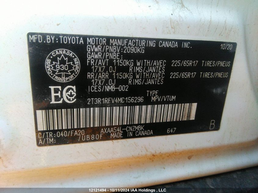 2021 Toyota Rav4 Xle/Xle Premium VIN: 2T3R1RFV4MC156296 Lot: 12121494