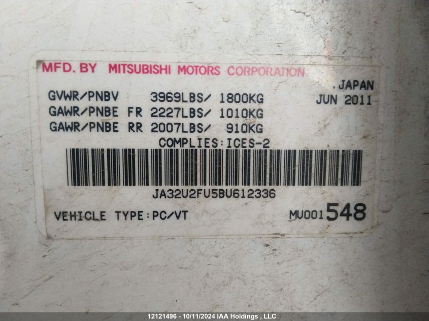 2011 Mitsubishi Lancer VIN: JA32U2FU5BU612336 Lot: 12121496